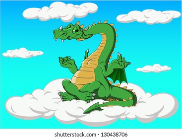 Good smiling dragon meditating in the clouds
