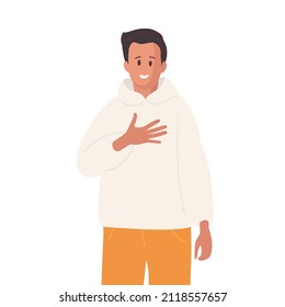 Good smiling man standing and expressing gratitude position. Consent and Gratitude Gesture. Young Caucasian man standing wearing casuale clothes. Colored flat cartoon vector illustration isolated.