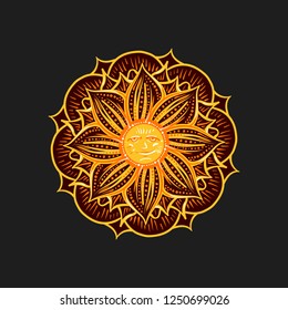 Good smiling sun flower character mandala on dark background