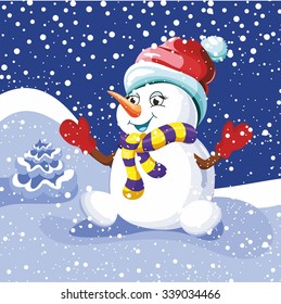 good snowman, snowman hat, snowman fun, greeting, holiday, blue sky, snow, tree, for kids, fairytale