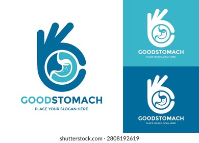 Good stomach logo design template. OK hand gesture combined with human stomach anatomy vector illustration.