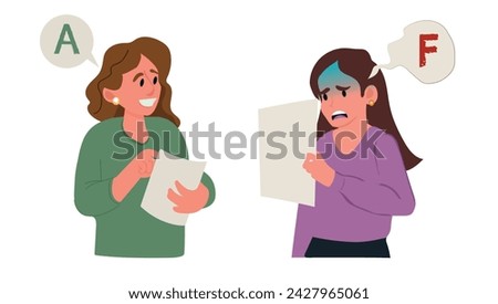 Good student and bad student, happy student gets a perfect grade on a test and a sad student gets a low grade on a test. vector illustration