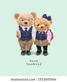 slogan de buenos estudiantes con una pareja de muñecas de oso adorable con uniforme de colegio privado