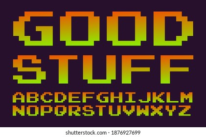 Good stuff pixel alphabet.Vector Illustration.Dark purple space background.