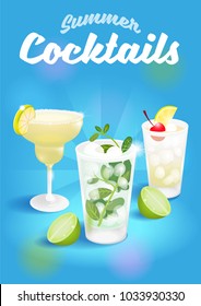 Good summer blue abstract background poster with fresh ice frozen alcoholic cocktails Margarita Mojito Tom Collins advertising for business bar restaurant party beach club Modern vector illustration