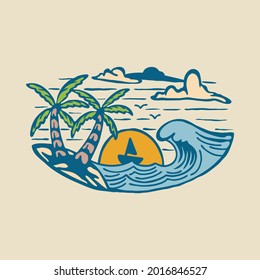 Good summer with great wave and sunset graphic illustration vector art t-shirt design