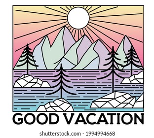 Good summer vacation at the beach. Mountain outdoors vector artwork. Sunrise at the beach design. Beach vibes gradient  color print graphic. 