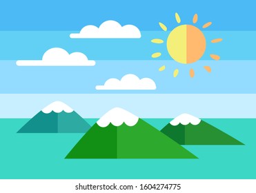 good sunny day in delight blue sky. sun, cloud and mountains landscape view illustration