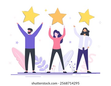 Good team leads to success, Golden star symbol of success, Teamwork and positive feedback. Flat vector illustration.