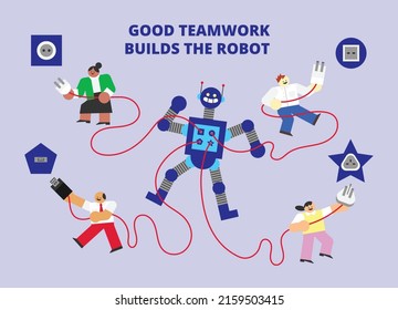 Good Teamwork Builds the Robot Flat Design Character Illustration