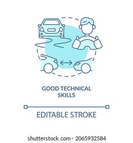 Icono de concepto azul de buenas habilidades técnicas. Ilustración de línea delgada de ideas abstractas de los cursos de conducción. Capacidad de operación automática. Licencia de conductores. Dibujo de color de contorno aislado del vector. Trazo editable