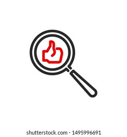 good thumbs up with magnifier glass outline flat icon. Single quality outline logo search symbol for web design or mobile app. Thin line design logo sign. Loupe lens icon isolated on white background.