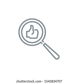 good thumbs up with magnifier glass outline flat icon. Single quality outline logo search symbol for web design or mobile app. Thin line design logo sign. Loupe lens icon isolated on white background.