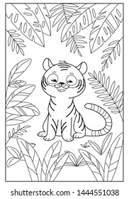 Good tiger sitting in rainforest. Coloring book for kids. Cartoon vector illustration for prints, posters, t-shorts and postcards.