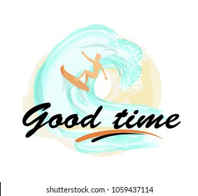 Good time background with man on surfboard surfing in big blue ocean wave, extreme surface water sport advertisement poster