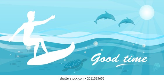 Good time background with man on surfboard surfing in big blue ocean wave, extreme surface water sport advertisement poster. Seascape with surfer on surfboard. Landscape with ocean, waves, dolphins