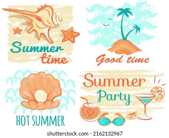 Good time banner hand drawn quote. Summer beach party related positive motivational lettering. Island vacation concept with palm trees and ocean. Perfect for prints, posters, travel agency advertising