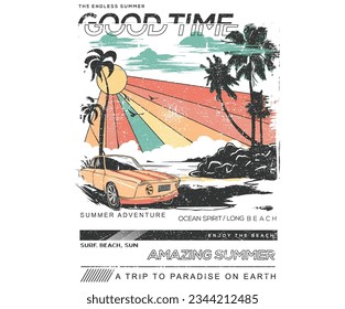 Good time at the beach. Summer adventure graphic print design. Beach vibes print design for  apparel, stickers, posters, background and others.