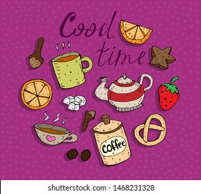 good time. color illustration with a teapot, cups, fruits, decorative elements and the inscription on a neutral background. vector. 