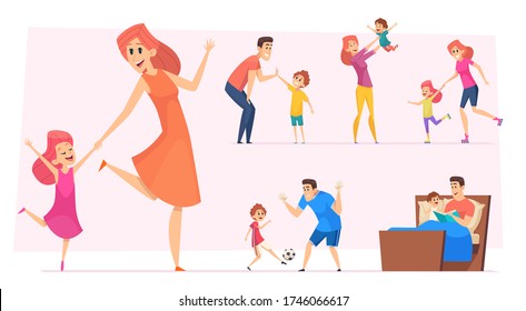 Good time kids. Happy parents with children playing learning dancing father mother with son and daughter vector set
