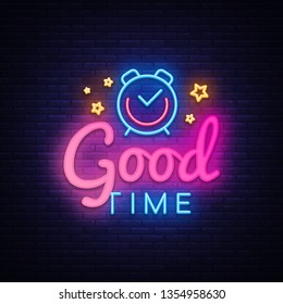 Good Time neon sign vector. Good Time Design template neon sign, light banner, neon signboard, nightly bright advertising, light inscription. Vector illustration