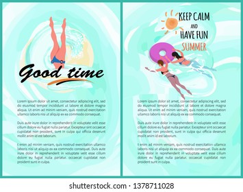 Good time in summer vector, people on vacation having fun, woman swimming in sea water, legs of female jumping into seawater. Lifebuoy saving ring