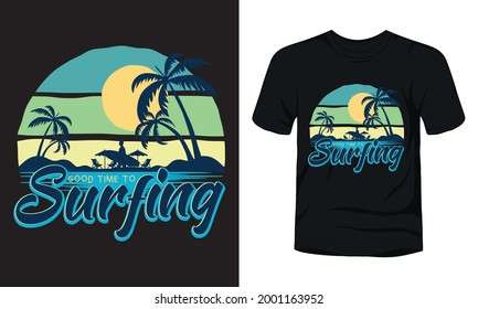 "Good time to Surfing" t-shirt design template.