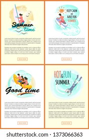 Good time vector, summer fun and adventures, woman windsurfing, male riding jet ski. People sitting in banana boat, scuba diving hobby of person, web