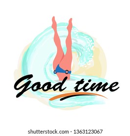 Good time, woman diving legs up, diver in bikini suit in blue sea waters isolated label. Vector girl snorkeling, beautiful feets above head, person relaxing