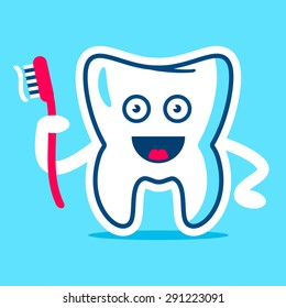 Good Tooth with the brush in the hand image on a sky background. Fully editable vector illustration. Perfect for children and health care pictures, patterns, tables, boards, etc.