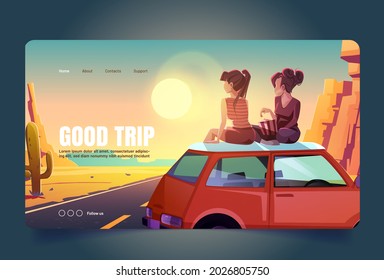 Good trip cartoon landing, girlfriends on car roof