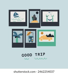 Good trip. Nature and travel photocards: beach, palm trees, mountains. travel and vacation concept. Travel card, poster vector flat style illustration.