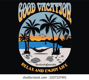 Gute Ferien bei langer Strandgrafik Design für T-Shirt, Aufkleber, Poster, Bekleidung und andere. Summer Paradise Druckkunst. 