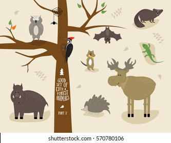 Good vector set of cute forest animals. Owl, boar, woodpecker, hedgehog, bat, lizard, elk, sable, chipmunk.  