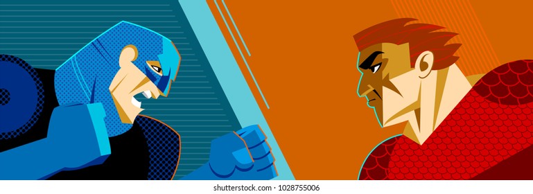 Good versus evil. Superhero. Superman. Confrontation of two people. Vector illustration