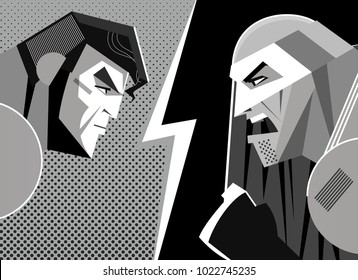 Good versus evil. Superhero. Vector illustration