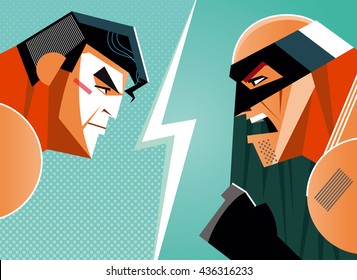 Good versus evil. Superhero. Vector illustration