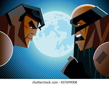 Good versus evil. Superhero. Vector illustration