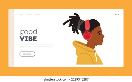 Gute visuelle Landing Page Template. Stylische Afrikanische Teen Tragen Kopfhörer Profilansicht. Young Trendy Character Hipster oder Student mit Moderner Frisur Hören Sie Musik. Vektorgrafik von Cartoon People