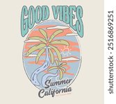 Good vibe long beach. Sunshine beach club graphic print design for t shirt print, poster, sticker and other uses. Surfing board and chair. Sunny day at the beach. Ocean wave. Palm tree print artwork.