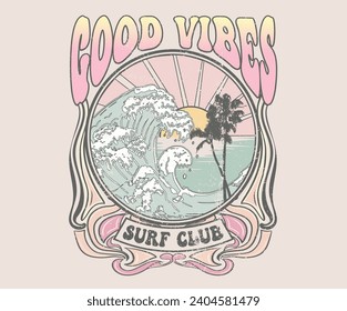 Good vibe long beach. Sunshine beach club graphic print design for t shirt print, poster, sticker and other uses. California palm tree. Sunny day at the beach. Ocean wave. Palm tree  print artwork.