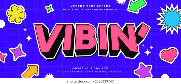 Good vibe text effect on blue abstract background with stickers, vector graphic style