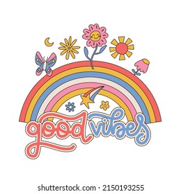 Good vibes - 70s groovy lettering slogan with rainbow, daisies and butterfly signs print for kids and girl tee - t shirt or sticker. Linear hand drawn vector illustration.