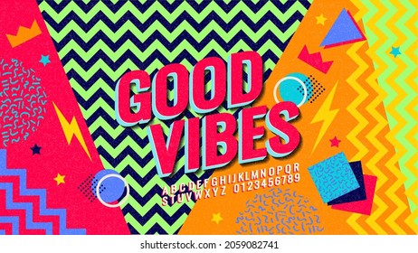 Good Vibes. 80s and 90s. geometry minimalistic artwork poster with simple shape and figure alphabet, font. Abstract vector pattern design in Scandinavian style for web banner, business presentation.