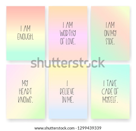 Good vibes, affirmations cards of self love on rainbow coloured backgrounds