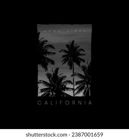 Good vibes California sunset logo badge on black background graphics for t-shirts and other print production. Palm tree silhouette concept. Vector illustration for design.