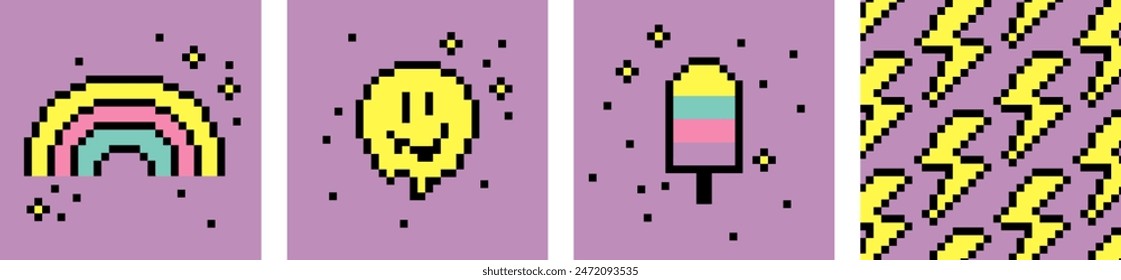 Good vibes collection. Rainbow, smile, ice cream icon set. Pixel art vector illustration. Colorful design. Summer. Y2k trendy playful pixelated stickers. Mood of 90's aesthetics. 8-bit retro style