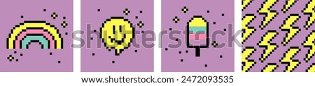 Good vibes collection. Rainbow, smile, ice cream icon set. Pixel art vector illustration. Colorful design. Summer. Y2k trendy playful pixelated stickers. Mood of 90's aesthetics. 8-bit retro style