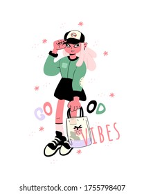 Good vibes concept. Cute girl hipster or trendsetter. Flat cartoon colorful vector illustration. Vector quote phrases illustration, trendy style. Handwritten modern lettering for cards, posters.