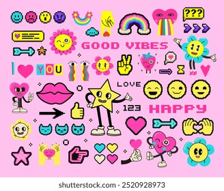 Good vibes concept design. Pixel art vector illustration. Colorful design. Summer background and banner. Y2k trendy playful pixelated backdrop. Mood of 90's aesthetics